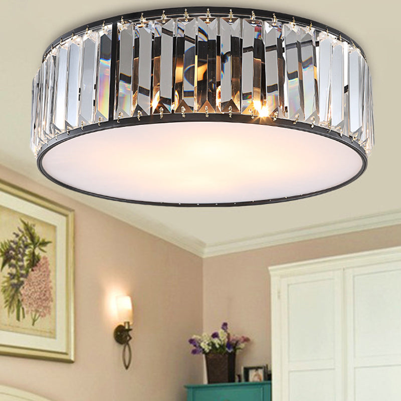 Modern Black/Bronze Flush Mount Bedroom Drum Light with Crystal Block - 12.5"/16.5" Width