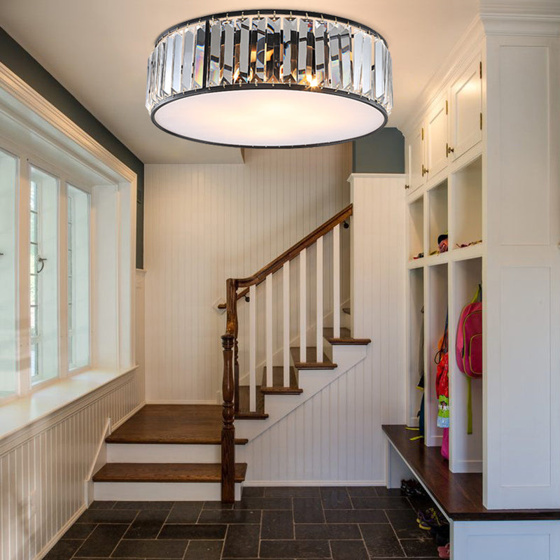 Modern Black/Bronze Flush Mount Bedroom Drum Light with Crystal Block - 12.5"/16.5" Width