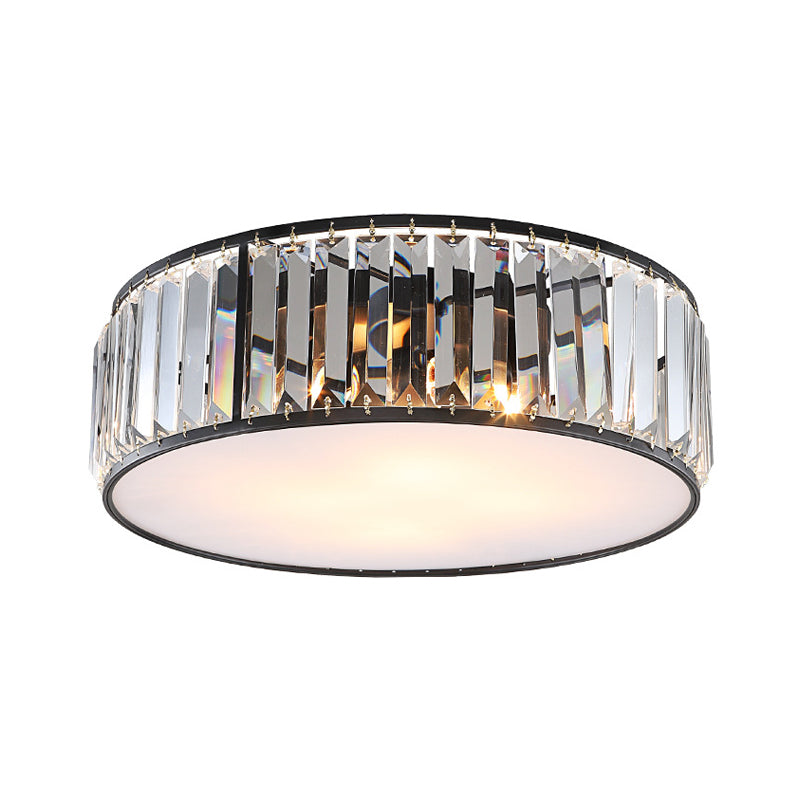 Modern Black/Bronze Flush Mount Bedroom Drum Light with Crystal Block - 12.5"/16.5" Width