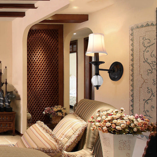 Contemporary White Fabric Bell Wall Sconce: 1 Light Crystal Ball Wall Lamp, Black