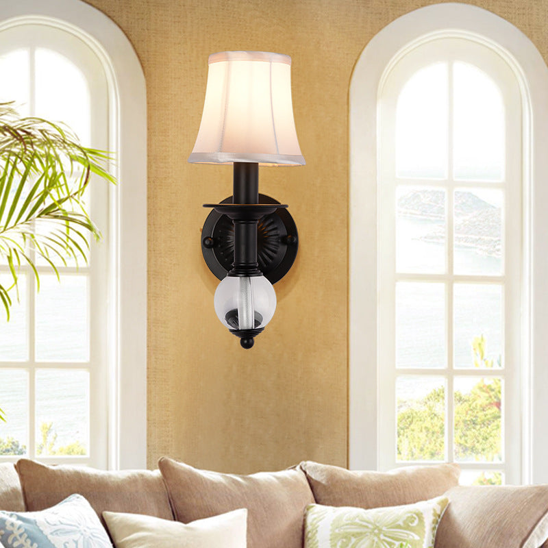 Contemporary White Fabric Bell Wall Sconce: 1 Light Crystal Ball Wall Lamp, Black