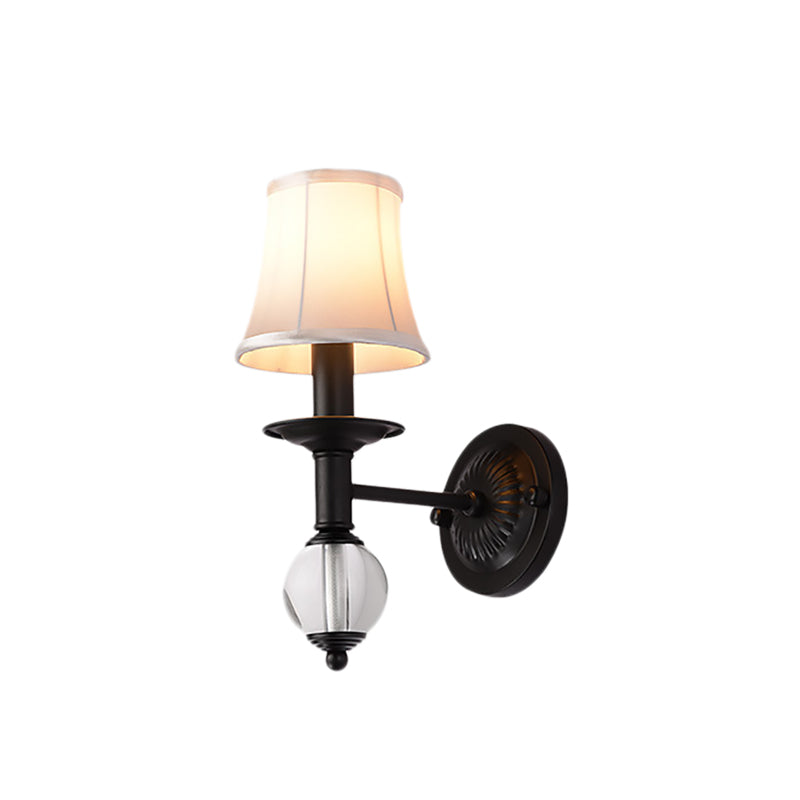 Contemporary White Fabric Bell Wall Sconce: 1 Light Crystal Ball Wall Lamp, Black
