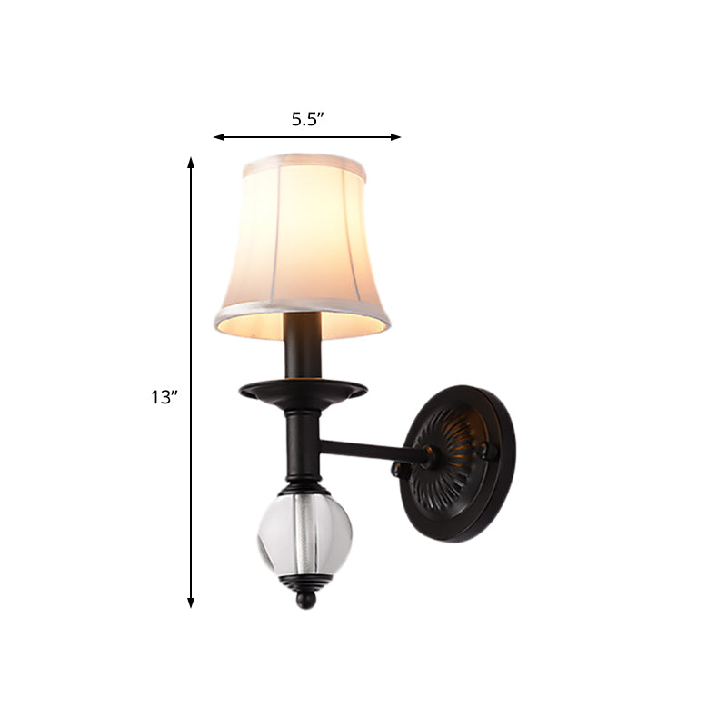 Contemporary White Fabric Bell Wall Sconce: 1 Light Crystal Ball Wall Lamp, Black