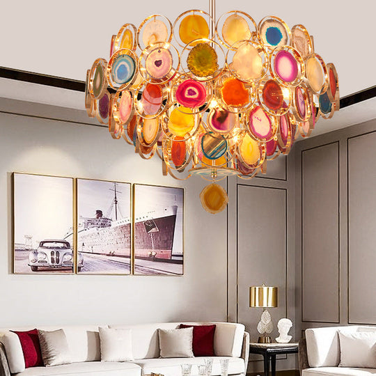 Modern Gold Metal Chandelier Light with Colorful Agates - 5-Tiered Ceiling Pendant, 12-Light Design
