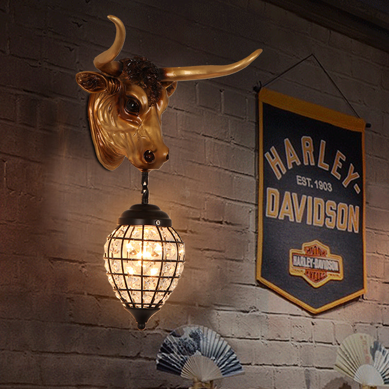 Black Lodge Style Resin Bull Wall Sconce Fixture with Crystal Shade - 1-Light Wall Lighting for Bars