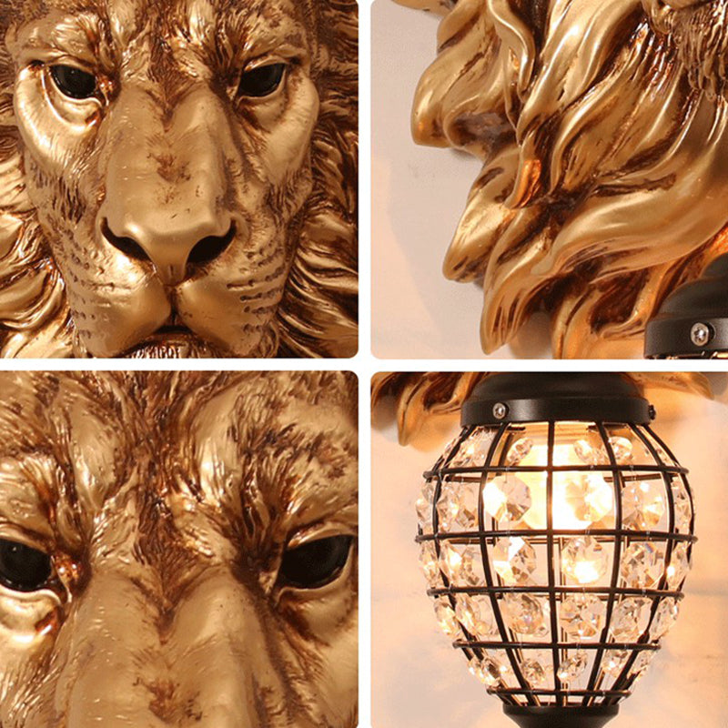 Country Style Resin Lion Wall Sconce: 1 Light Brown Wall Lamp with Crystal Shade