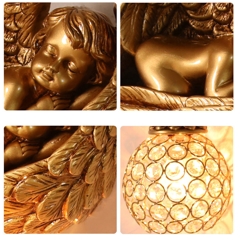Gold Resin Angel Wall Sconce Light with Clear Crystal Dome Shade - Loft Style 1-Light Wall Lighting
