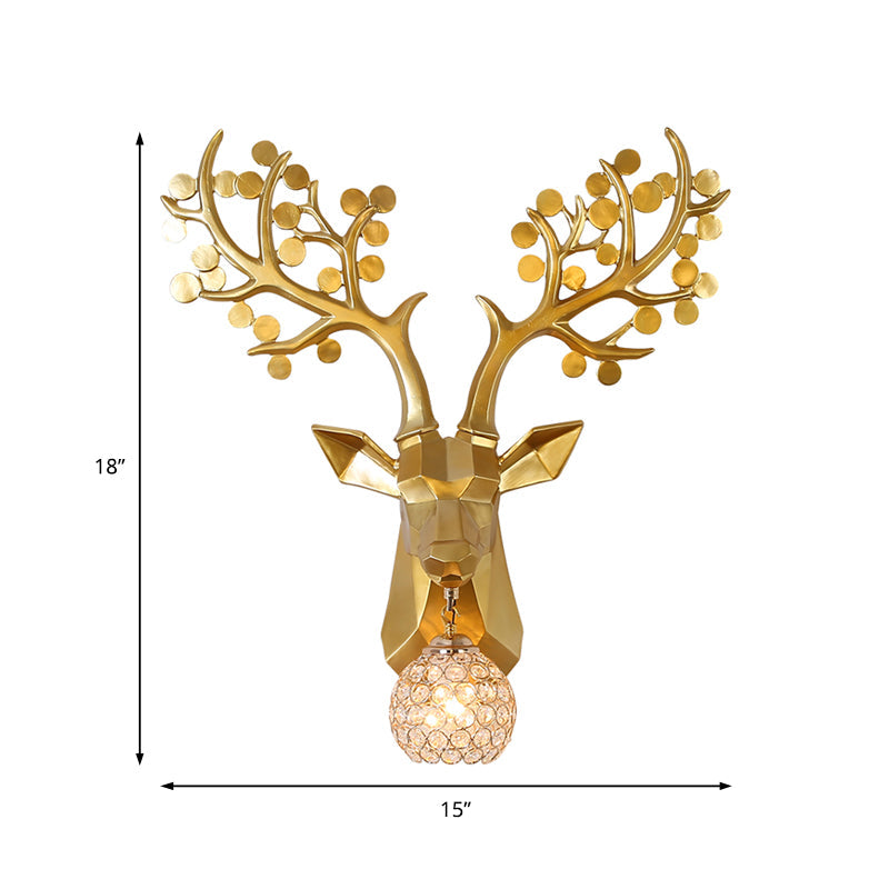 Golden Elk Sconce: Lodge Style Resin Wall Lamp with Crystal Shade, 1 Light, 15"/22.5" W - Ideal for Living Room