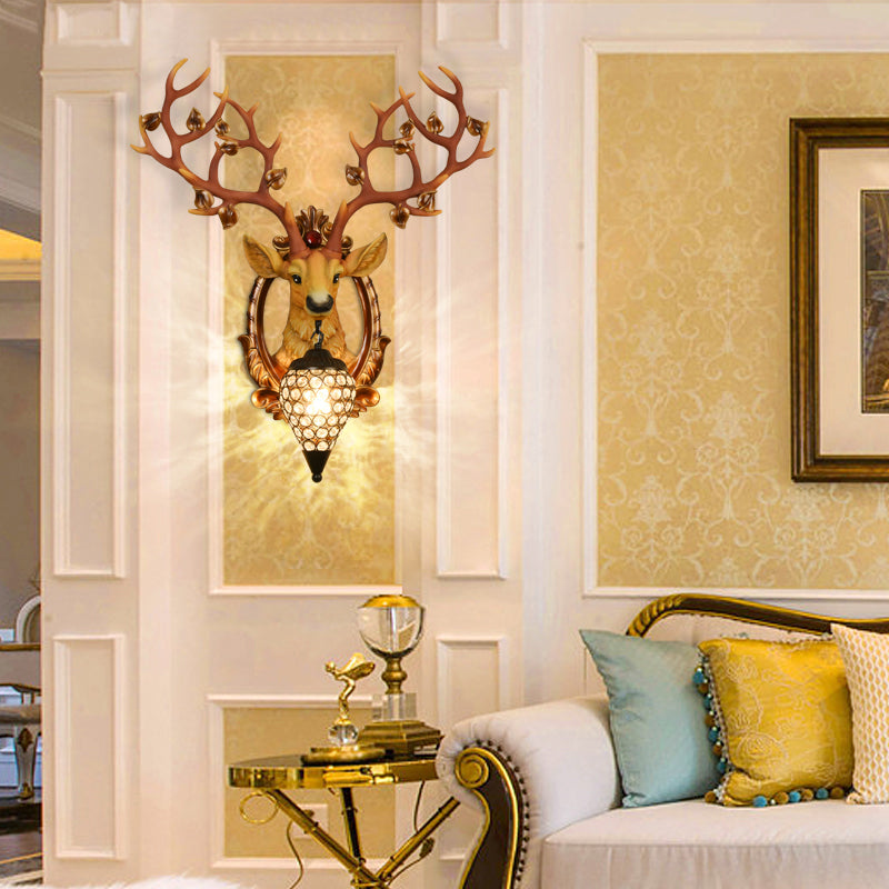 Elk Wall Mount Light: Country Style Resin Wall Sconce with Crystal Shade for Living Room, 19.5"/23.5" Width - White/Brown