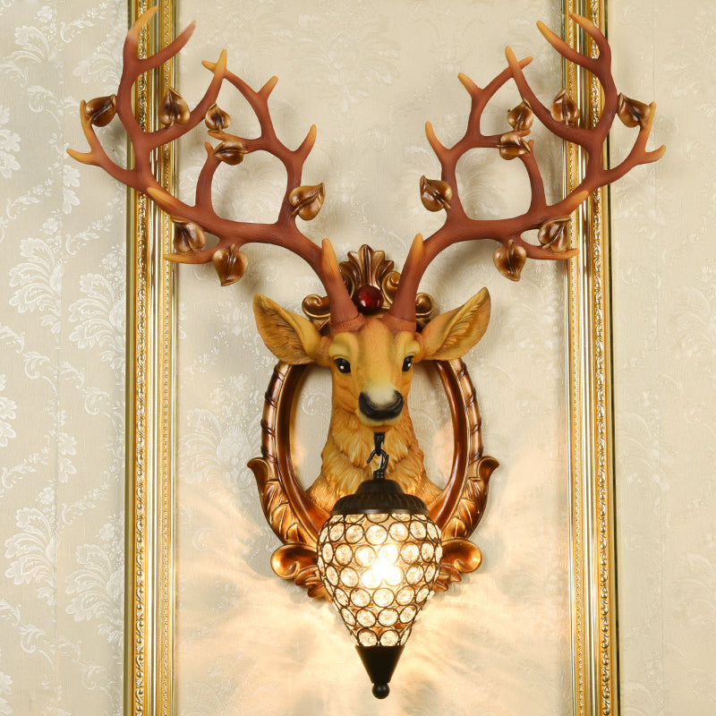 Elk Wall Mount Light: Country Style Resin Wall Sconce with Crystal Shade for Living Room, 19.5"/23.5" Width - White/Brown