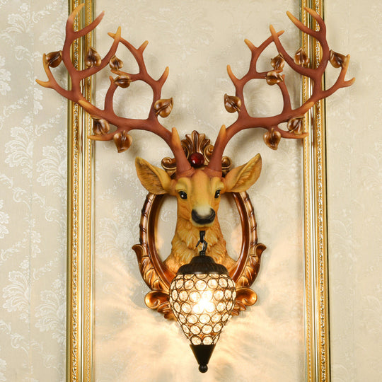 Elk Wall Mount Light: Country Style Resin Wall Sconce with Crystal Shade for Living Room, 19.5"/23.5" Width - White/Brown