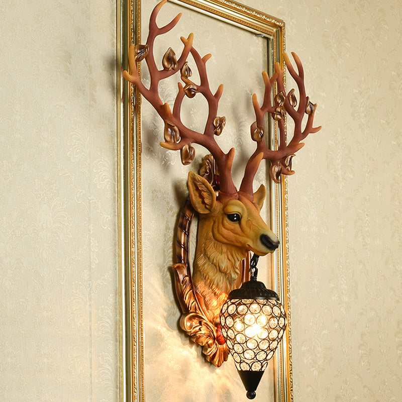 Elk Wall Mount Light: Country Style Resin Wall Sconce with Crystal Shade for Living Room, 19.5"/23.5" Width - White/Brown