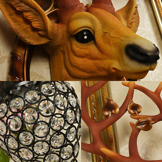 Elk Wall Mount Light: Country Style Resin Wall Sconce with Crystal Shade for Living Room, 19.5"/23.5" Width - White/Brown