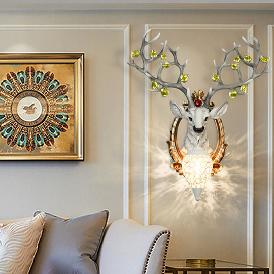 Elk Wall Mount Light: Country Style Resin Wall Sconce with Crystal Shade for Living Room, 19.5"/23.5" Width - White/Brown