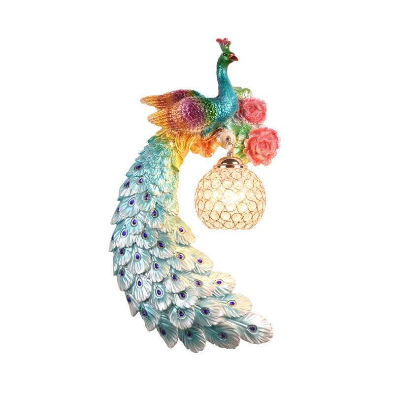Blue/Green Peacock Wall Light Fixture - 1/2-Pack, Retro Style Resin Lamp with Crystal Global Shade - 8"/10" Wide, Left/Right
