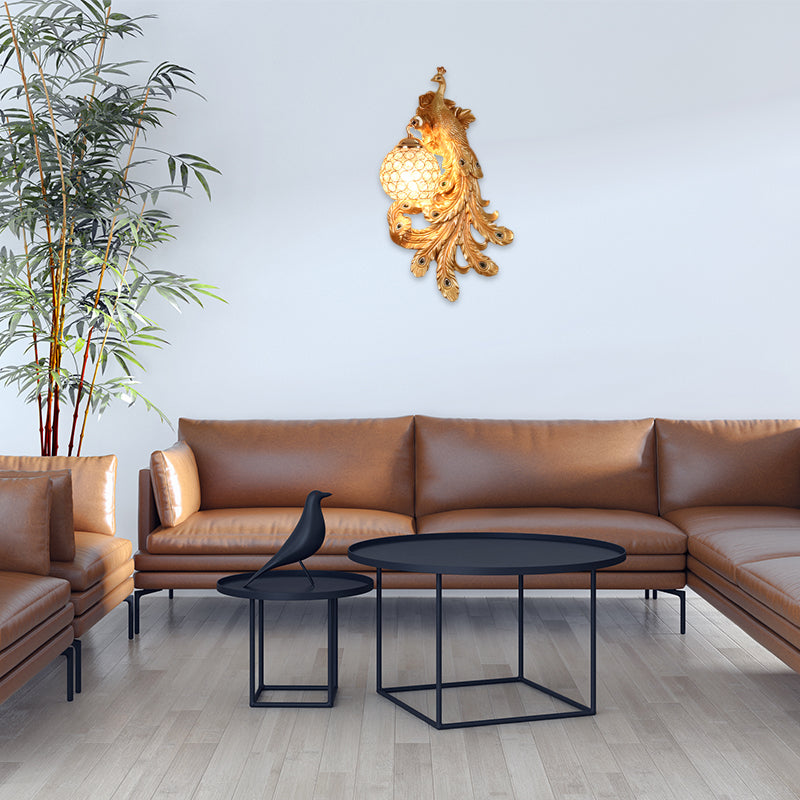 Blue/Gold Peacock Wall Lamp - Country Resin Sconce Lighting with Crystal Globe Shade (1/2-Pack)