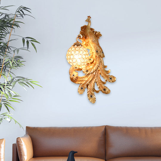 Blue/Gold Peacock Wall Lamp - Country Resin Sconce Lighting with Crystal Globe Shade (1/2-Pack)