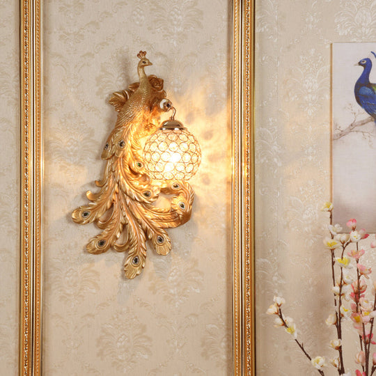Blue/Gold Peacock Wall Lamp - Country Resin Sconce Lighting with Crystal Globe Shade (1/2-Pack)