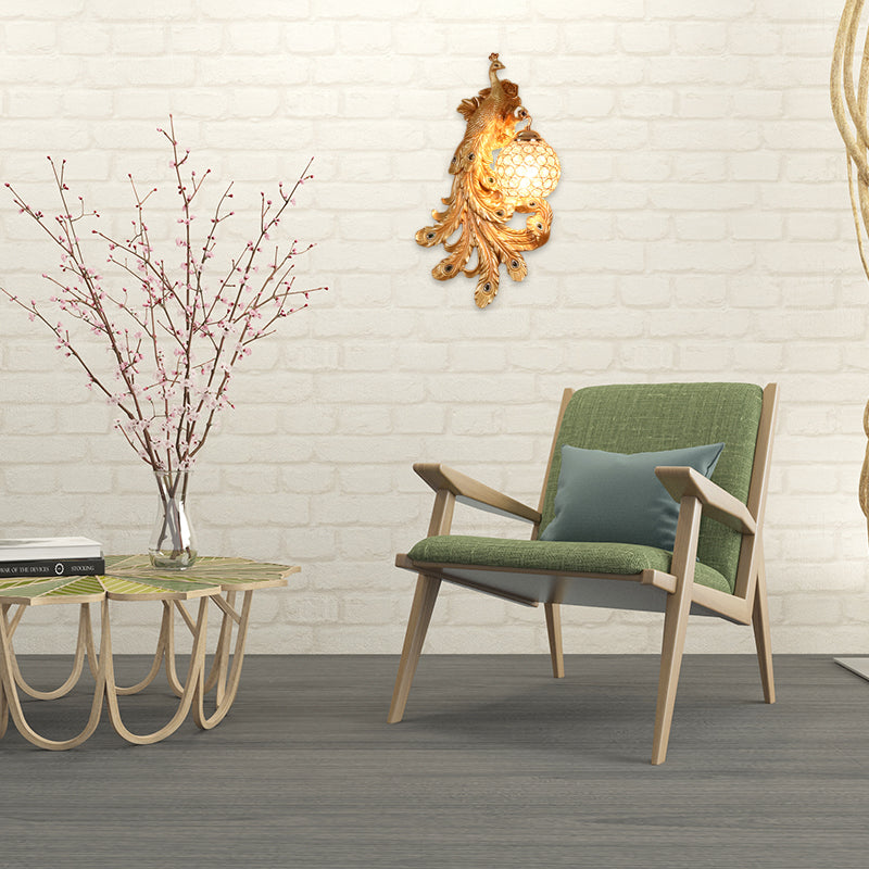 Blue/Gold Peacock Wall Lamp - Country Resin Sconce Lighting with Crystal Globe Shade (1/2-Pack)