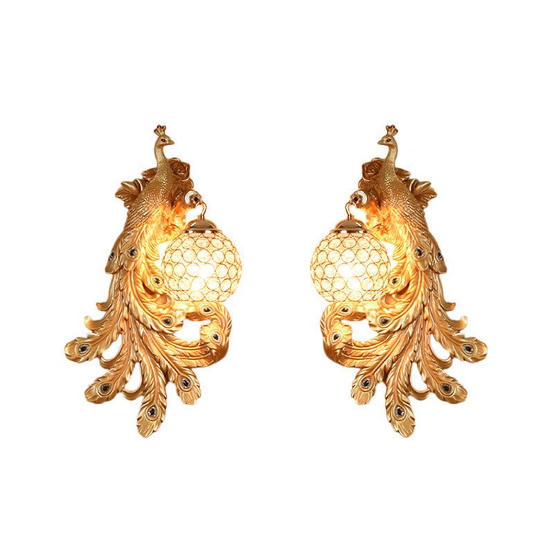 Blue/Gold Peacock Wall Lamp - Country Resin Sconce Lighting with Crystal Globe Shade (1/2-Pack)