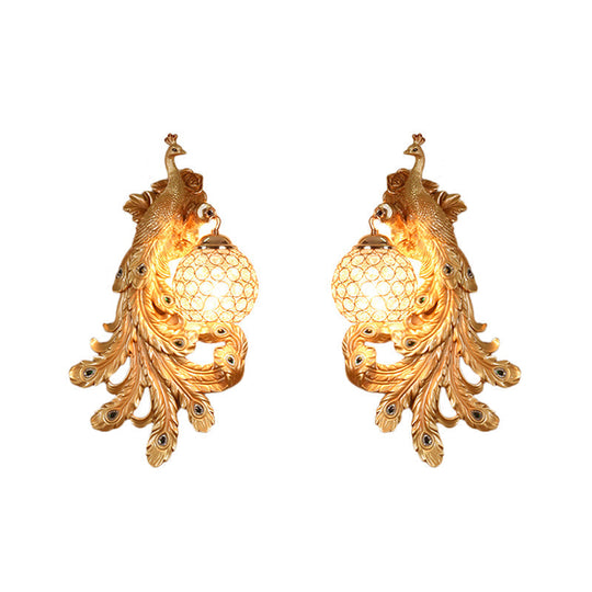 Blue/Gold Peacock Wall Lamp - Country Resin Sconce Lighting with Crystal Globe Shade (1/2-Pack)