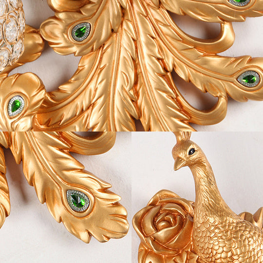 Blue/Gold Peacock Wall Lamp - Country Resin Sconce Lighting with Crystal Globe Shade (1/2-Pack)