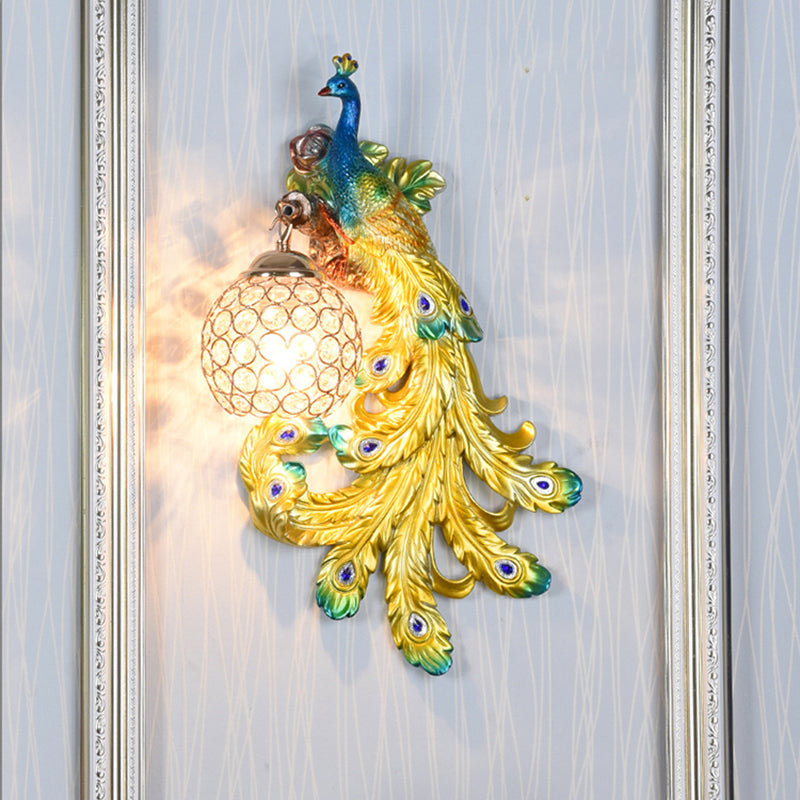 Blue/Gold Peacock Wall Lamp - Country Resin Sconce Lighting with Crystal Globe Shade (1/2-Pack)