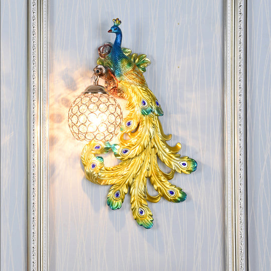 Blue/Gold Peacock Wall Lamp - Country Resin Sconce Lighting with Crystal Globe Shade (1/2-Pack)