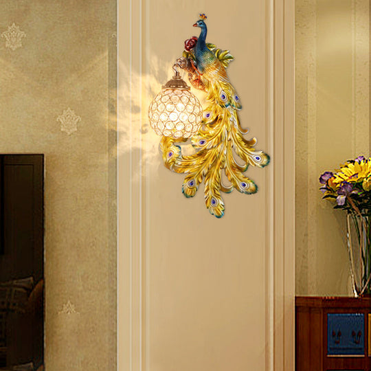 Blue/Gold Peacock Wall Lamp - Country Resin Sconce Lighting with Crystal Globe Shade (1/2-Pack)