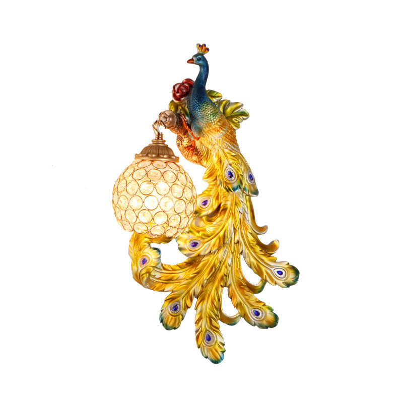 Blue/Gold Peacock Wall Lamp - Country Resin Sconce Lighting with Crystal Globe Shade (1/2-Pack)