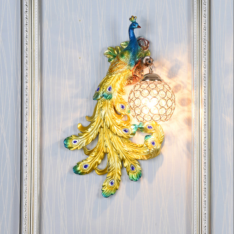 Blue/Gold Peacock Wall Lamp - Country Resin Sconce Lighting with Crystal Globe Shade (1/2-Pack)