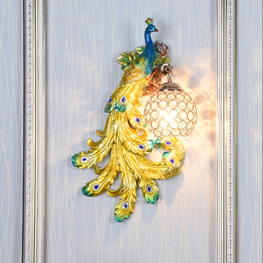 Blue/Gold Peacock Wall Lamp - Country Resin Sconce Lighting with Crystal Globe Shade (1/2-Pack)