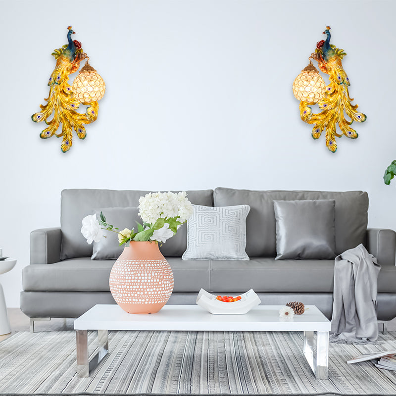 Blue/Gold Peacock Wall Lamp - Country Resin Sconce Lighting with Crystal Globe Shade (1/2-Pack)