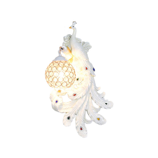 Blue/Gold Peacock Wall Lamp - Country Resin Sconce Lighting with Crystal Globe Shade (1/2-Pack)