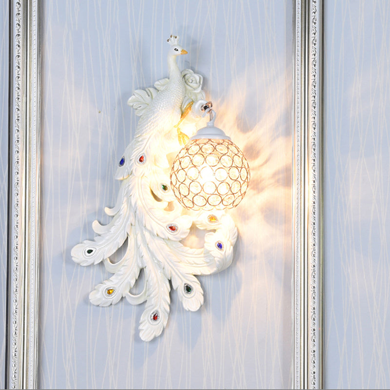 Blue/Gold Peacock Wall Lamp - Country Resin Sconce Lighting with Crystal Globe Shade (1/2-Pack)