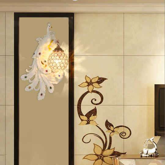 Blue/Gold Peacock Wall Lamp - Country Resin Sconce Lighting with Crystal Globe Shade (1/2-Pack)