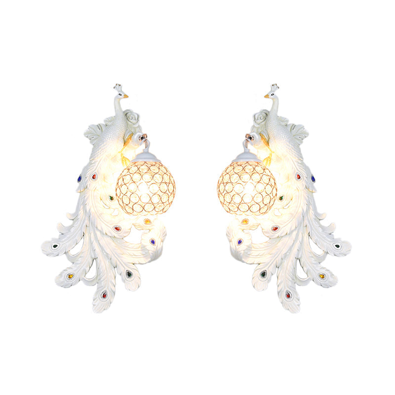 Blue/Gold Peacock Wall Lamp - Country Resin Sconce Lighting with Crystal Globe Shade (1/2-Pack)