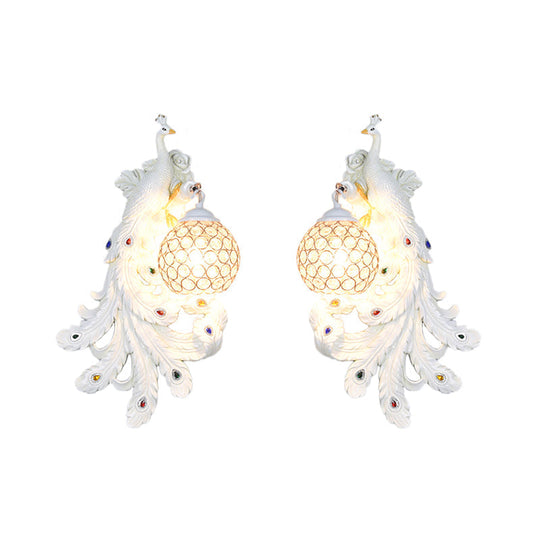 Blue/Gold Peacock Wall Lamp - Country Resin Sconce Lighting with Crystal Globe Shade (1/2-Pack)