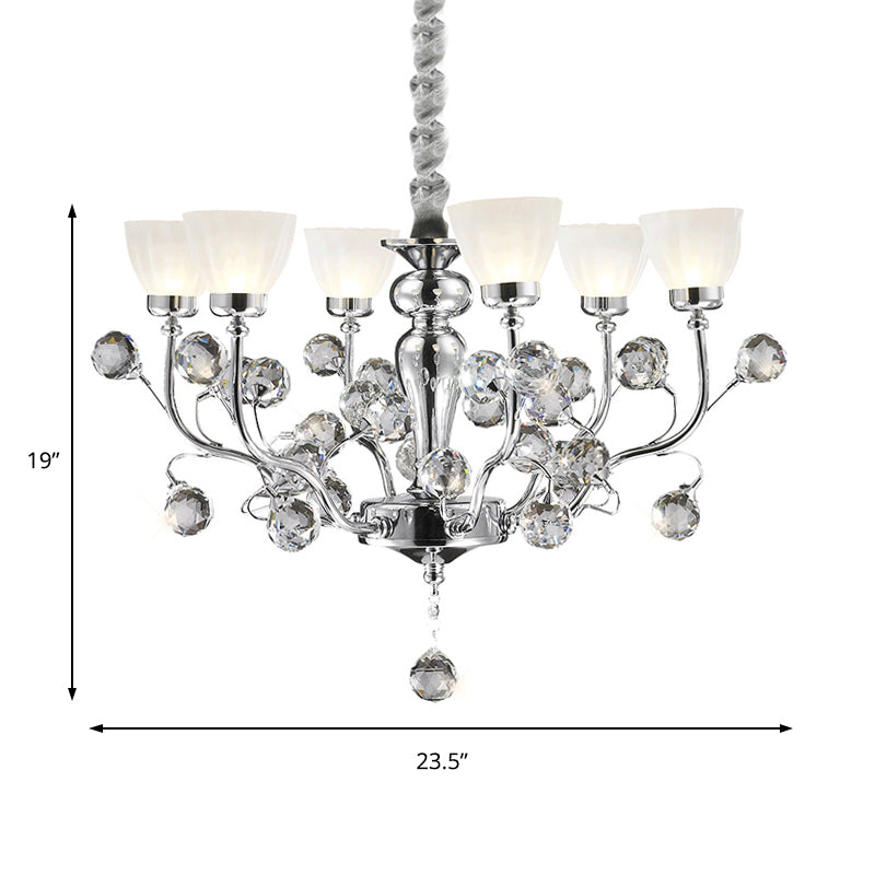 Modernist Frosted Glass 6-Light Conic Chandelier with Crystal Ball Pendant in Polished Chrome