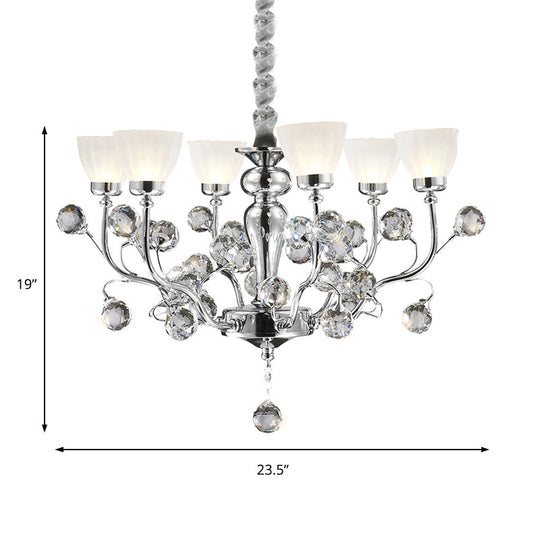 Modernist Frosted Glass 6-Light Conic Chandelier with Crystal Ball Pendant in Polished Chrome