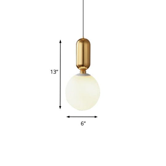 Modern Black/Gold/White Ball Pendant Light with Milky Glass Led - 1 Light, 6"/8"/12" Wide Ceiling Fixture