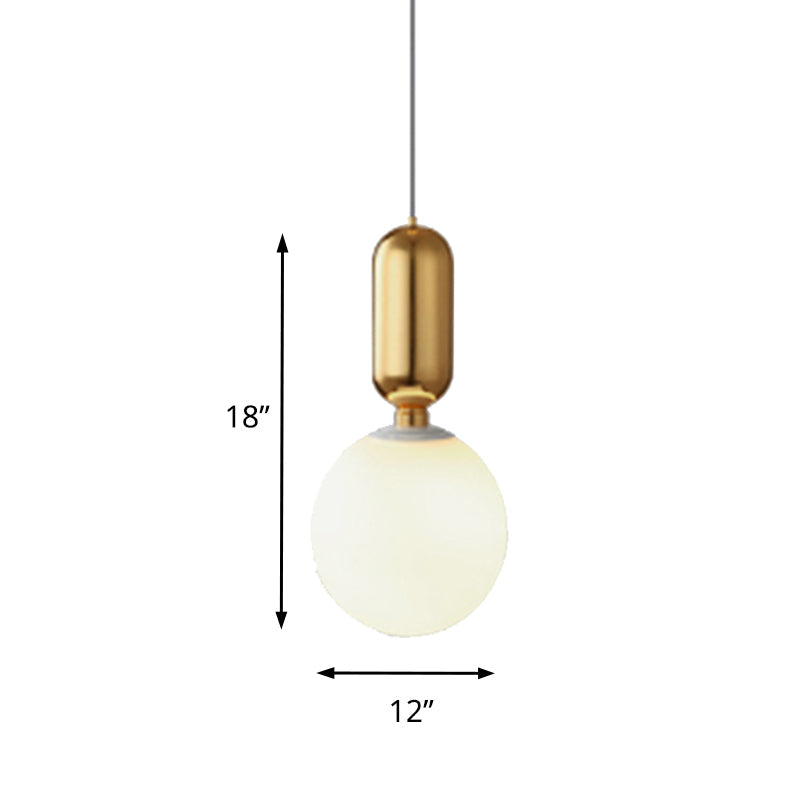 Modern Black/Gold/White Ball Pendant Light with Milky Glass Led - 1 Light, 6"/8"/12" Wide Ceiling Fixture