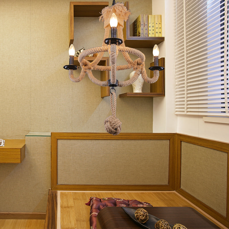 Country Style Brown Rope Hanging Lamp - Rustic 3-Headed Bowl Cage Light Fixture for Restaurants