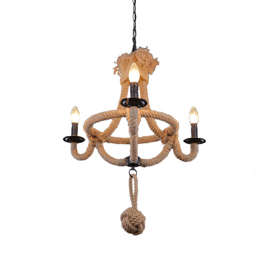 Country Style Brown Rope Hanging Lamp - Rustic 3-Headed Bowl Cage Light Fixture for Restaurants