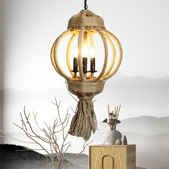 Country Style Hemp Rope Chandelier: 3-Bulb Lantern Cage Hanging Lamp in Beige for Restaurants