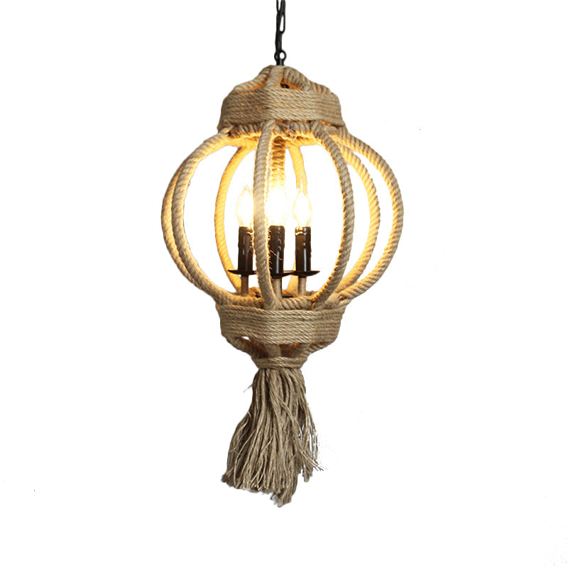 Country Style Hemp Rope Chandelier: 3-Bulb Lantern Cage Hanging Lamp in Beige for Restaurants