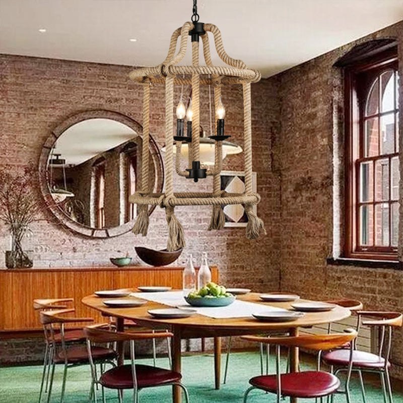 Brown Geometric Ceiling Light with Retro Style Cage Shade - Hemp Rope - 3 Lights - Dining Room Chandelier