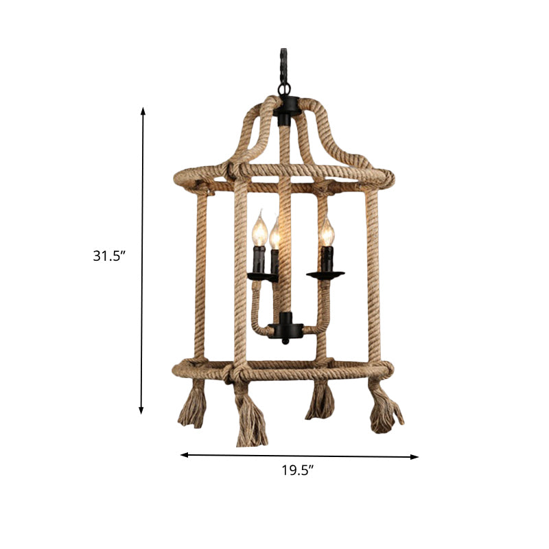 Brown Geometric Ceiling Light with Retro Style Cage Shade - Hemp Rope - 3 Lights - Dining Room Chandelier