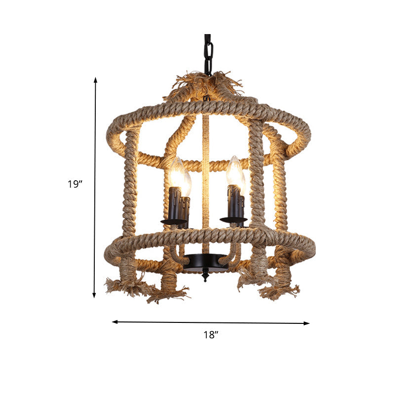 Lodge-Style Brown Pendant Lamp with 4 Rope Cage Shades - Stylish Hanging Light Fixture Perfect for Restaurants