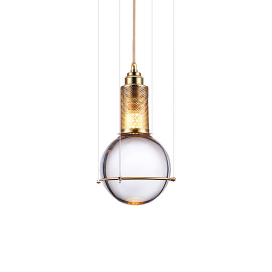Modern Clear Crystal Ball Pendant Lamp with LED, Gold Mesh Cage - Warm/White Bedroom Hanging Light